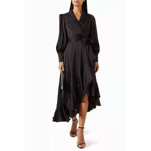 NEW TEA & CUP ruffle hem wrap midi dress in black